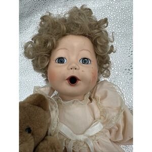 Vintage Porcelain Doll with Teddy Bear Blue Eyes Blonde Curly‎ Hair